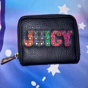 Juicy Couture Black Pebbled Zip Coin Wallet with Multicolor Stud Letters